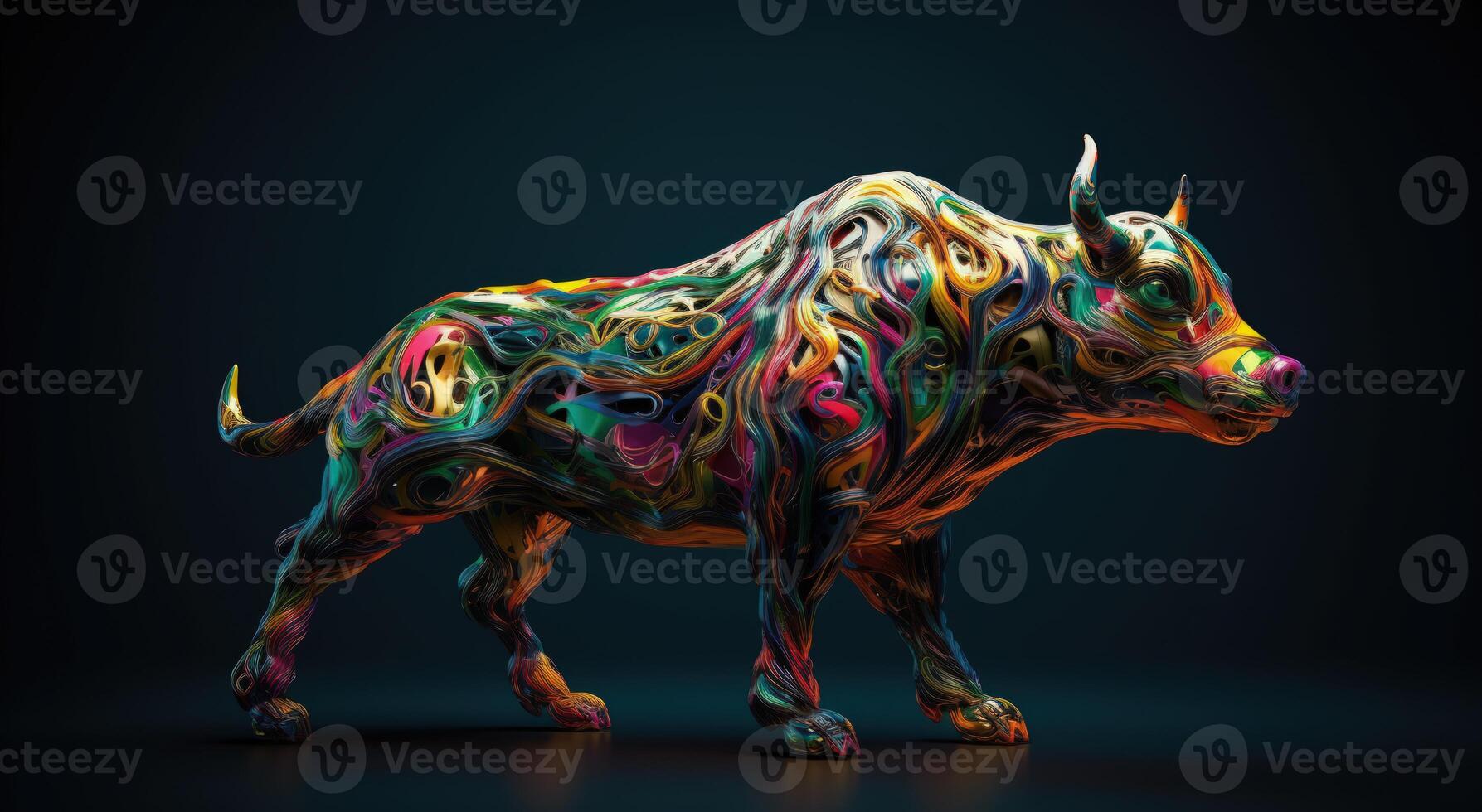 Silhouette of Bull Made of Colored Lines on Black Background, Financial Concept Representing Market Growth and Strength. photo