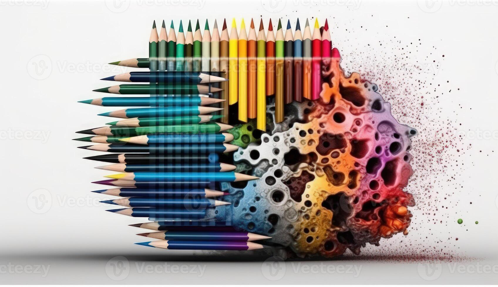 Human Head with Pencils and Colorful Paint Splashes on White Background, Symbolizing Education, Creativity, and Artistic Expression. photo