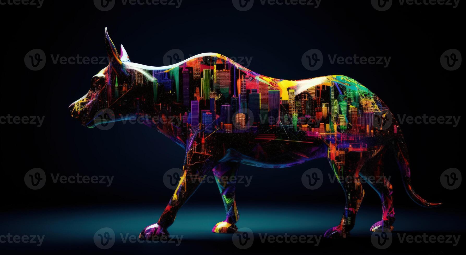Silhouette of Bull Made of Colored Lines on Black Background, Financial Concept Representing Market Growth and Strength. photo