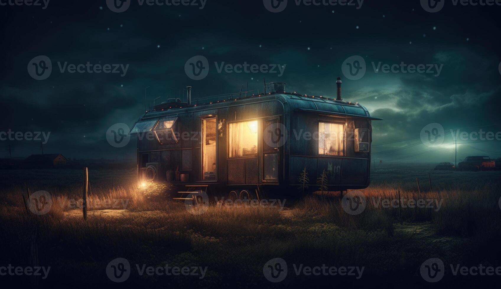 Photorealistic Camping Trailer on a Meadow at Night, Harnessing the Power of Solar Cell Energy for a Sustainable Experience. photo