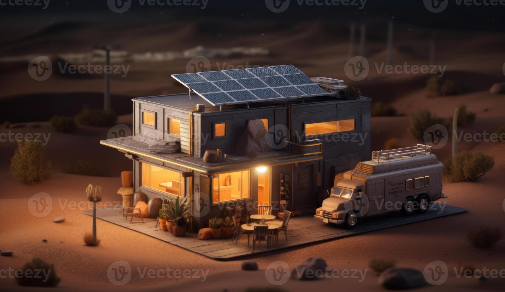 Photorealistic Fantasy House in the Desert, Equipped with Solar Panels for Sustainable Energy Solutions. photo