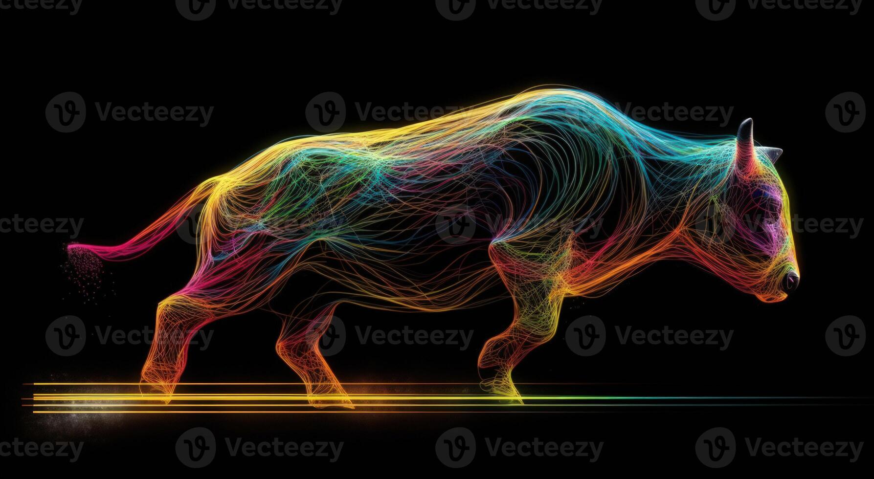 Silhouette of Bull Made of Colored Lines on Black Background, Financial Concept Representing Market Growth and Strength. photo