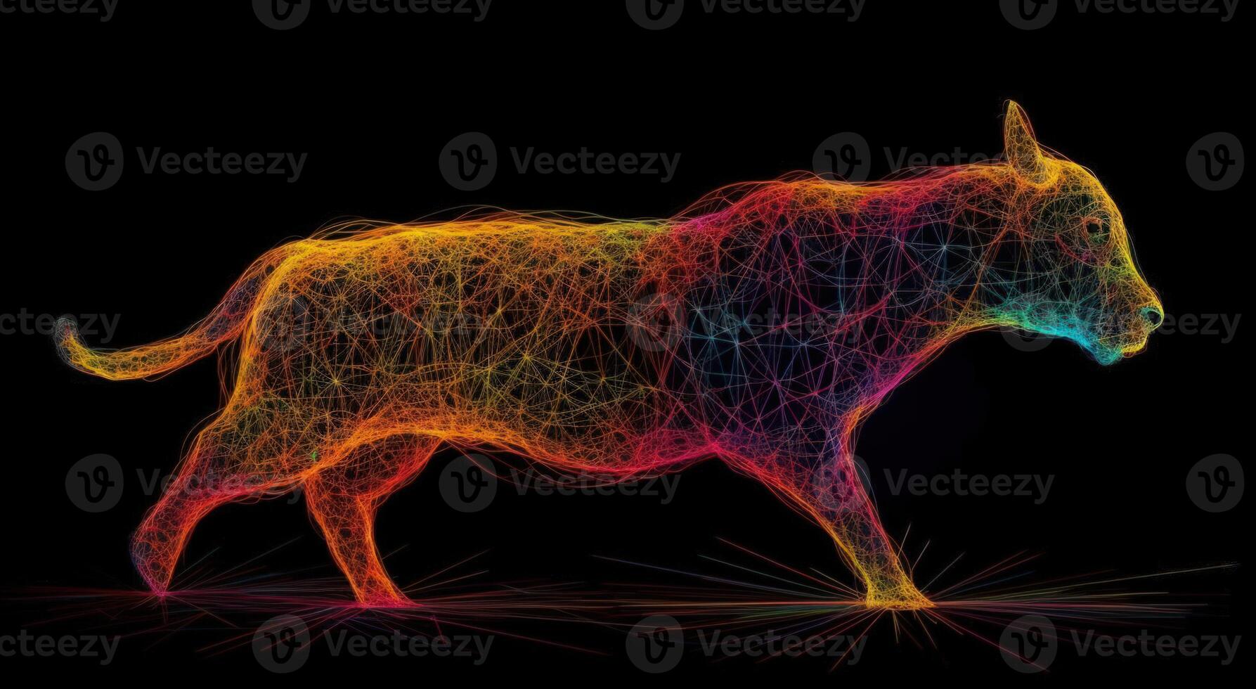 Silhouette of Bull Made of Colored Lines on Black Background, Financial Concept Representing Market Growth and Strength. photo