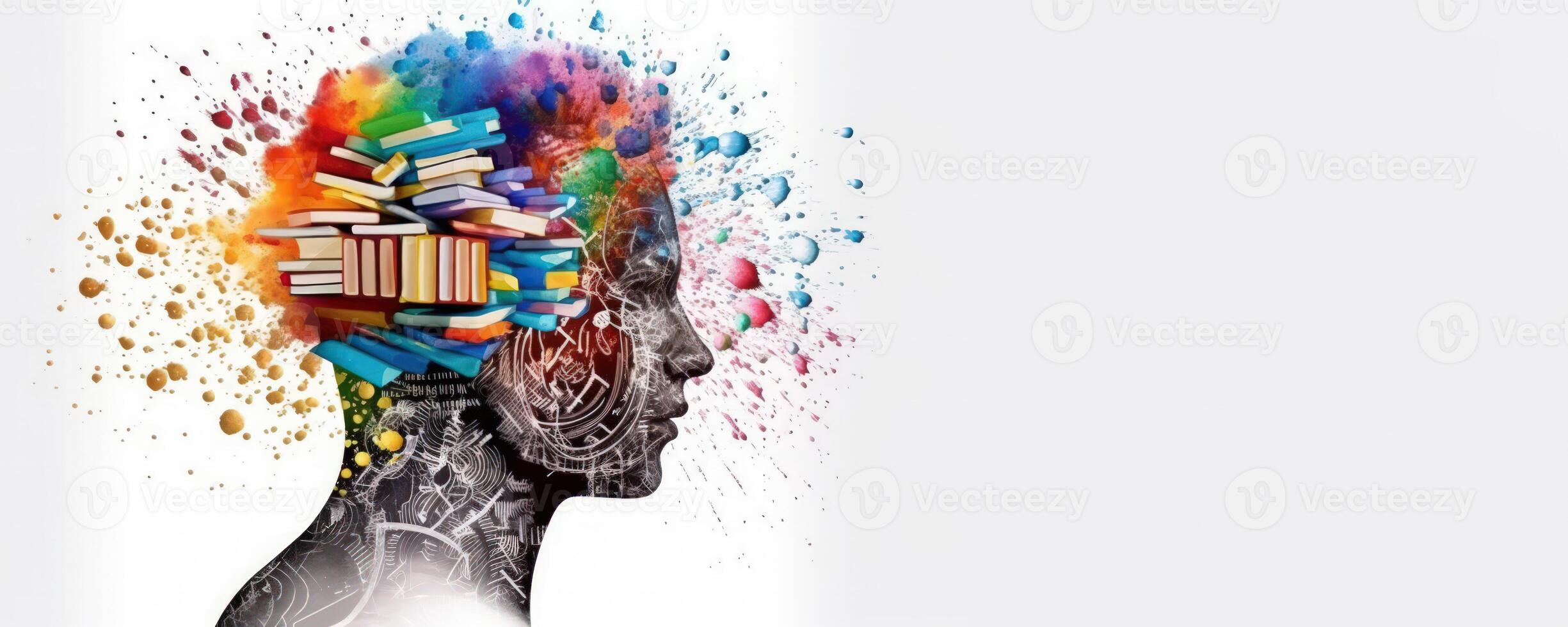 Human Head with Pencils and Colorful Paint Splashes on White Background, Symbolizing Education, Creativity, and Artistic Expression. photo