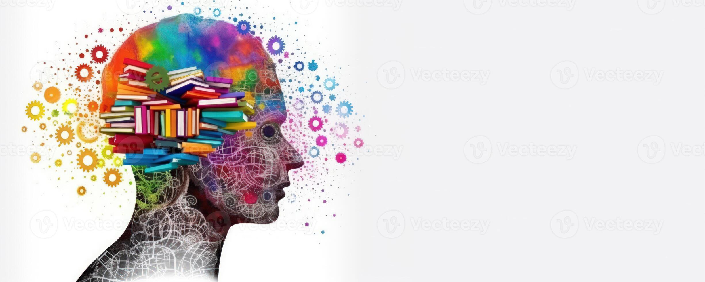 Human Head with Pencils and Colorful Paint Splashes on White Background, Symbolizing Education, Creativity, and Artistic Expression. photo