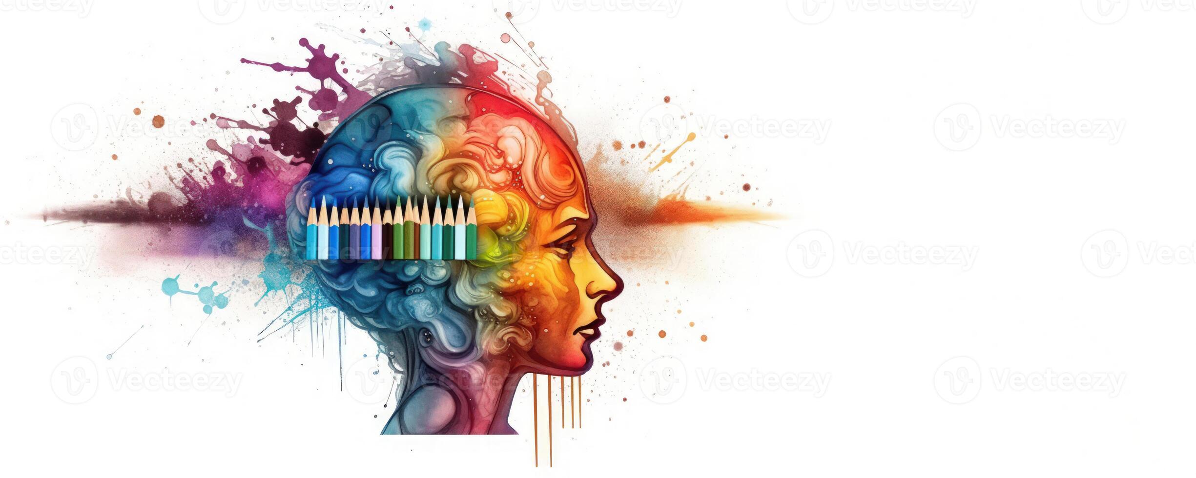 Human Head with Pencils and Colorful Paint Splashes on White Background, Symbolizing Education, Creativity, and Artistic Expression. photo