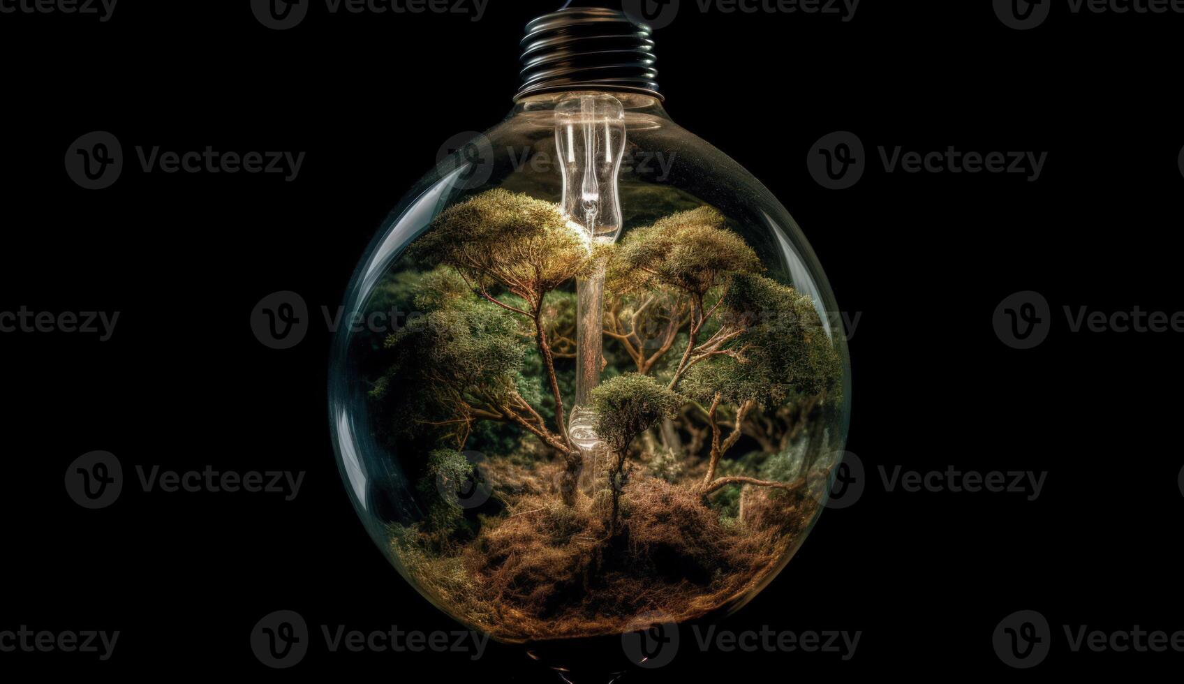 Glowing Incandescent Light Bulb with Green Plant Inside, Symbolizing Eco Friendly Innovation and Energy Conservation. photo