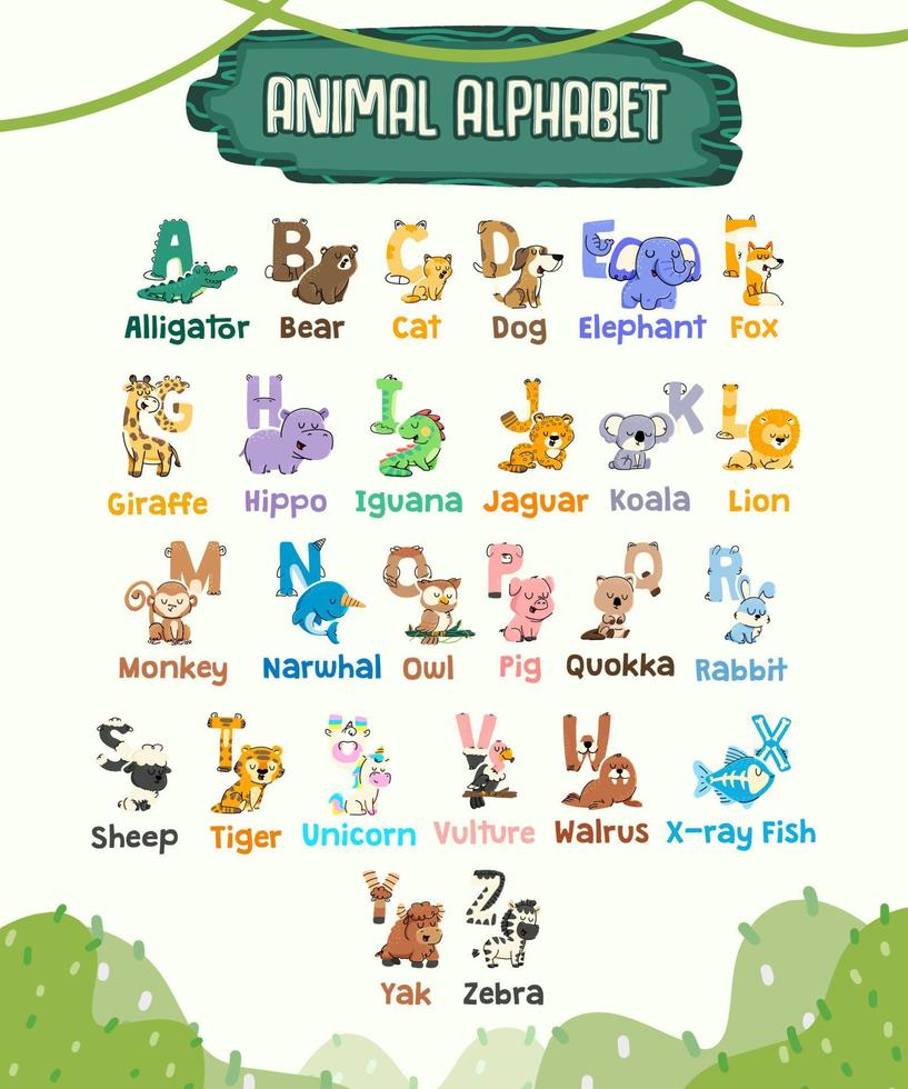 Vector animal alphabet with cute cartoon animals and letters.