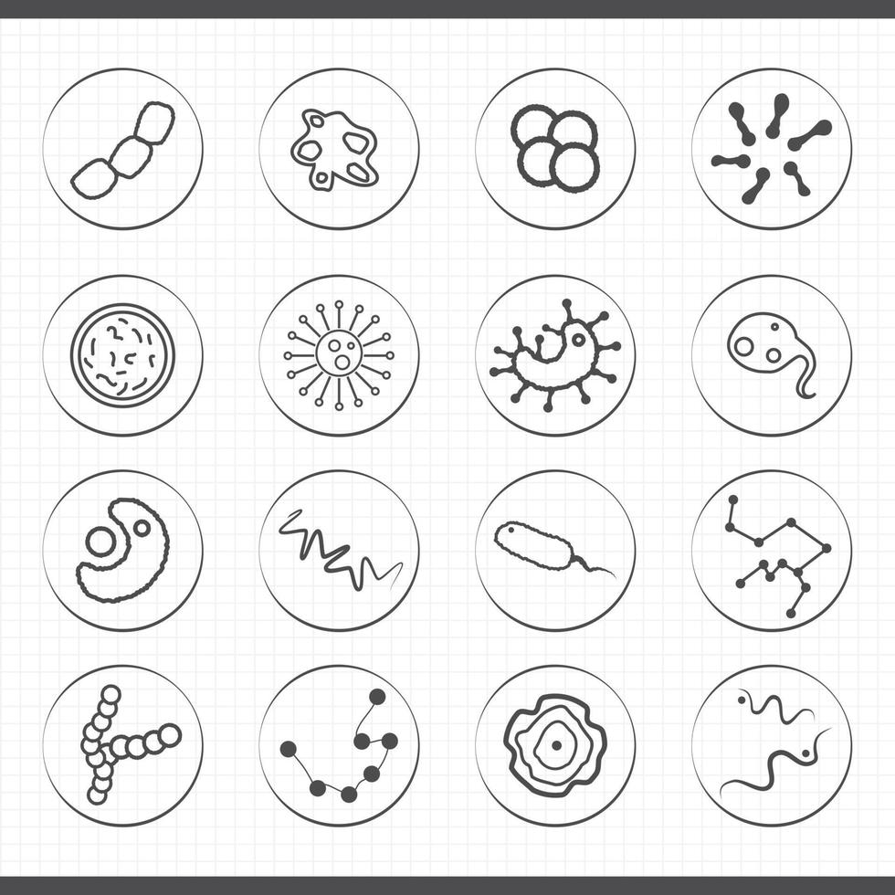 Set of microbiology bacteria icons. Microbes, microorganisms and virus cells pictograms vector