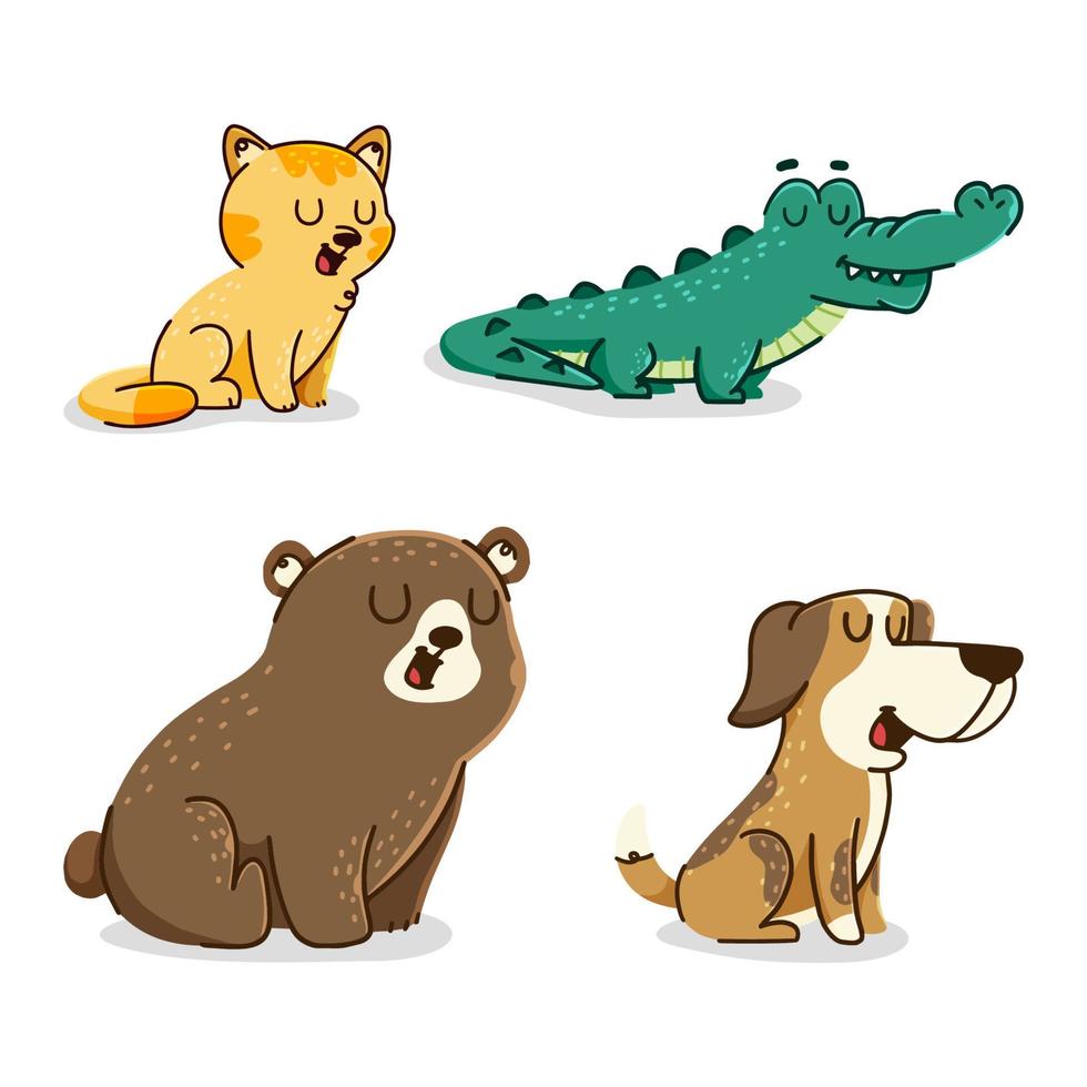 Set of cute cartoon animals vector illustration. Cat, Alligator, Dog, bear