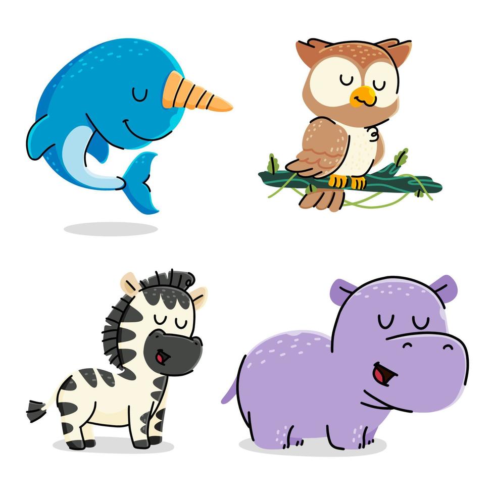 conjunto de linda dibujos animados animales vector ilustración. narval, cebra, hipopótamo, búho