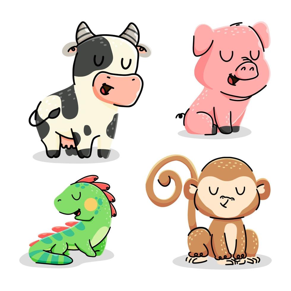 conjunto de linda dibujos animados animales vector ilustración. vaca, cerdo, iguana, mono