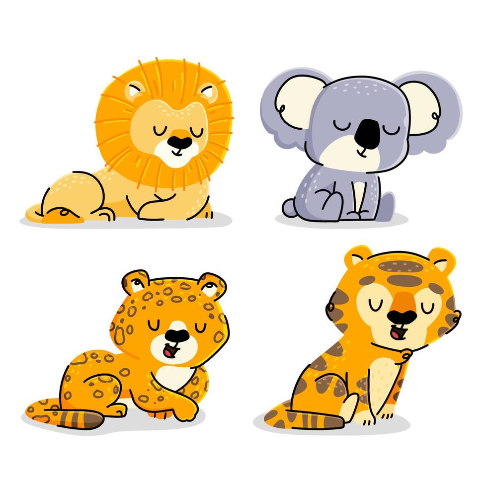 Set of cute cartoon animals vector illustration. Lion, Koala, Tiger, Jaguar
