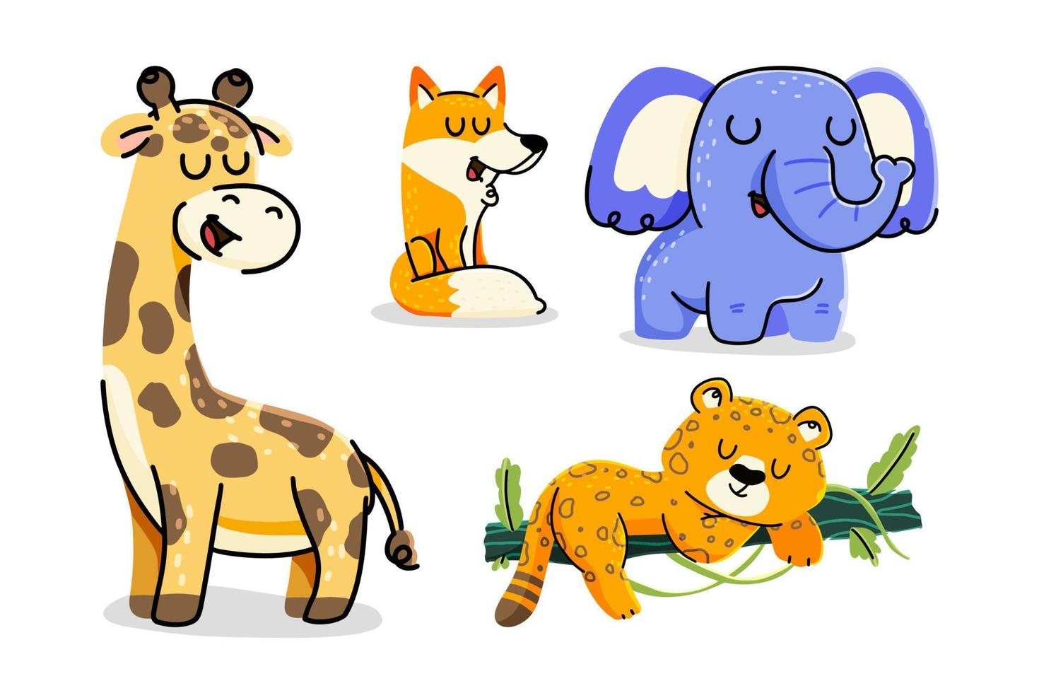 Set of cute cartoon animals vector illustration. Giraffe, Fox, Elephant, Jaguar