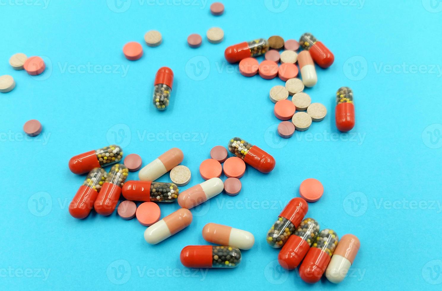 Assorted pharmaceutical medicine pills, tablets and capsules photo