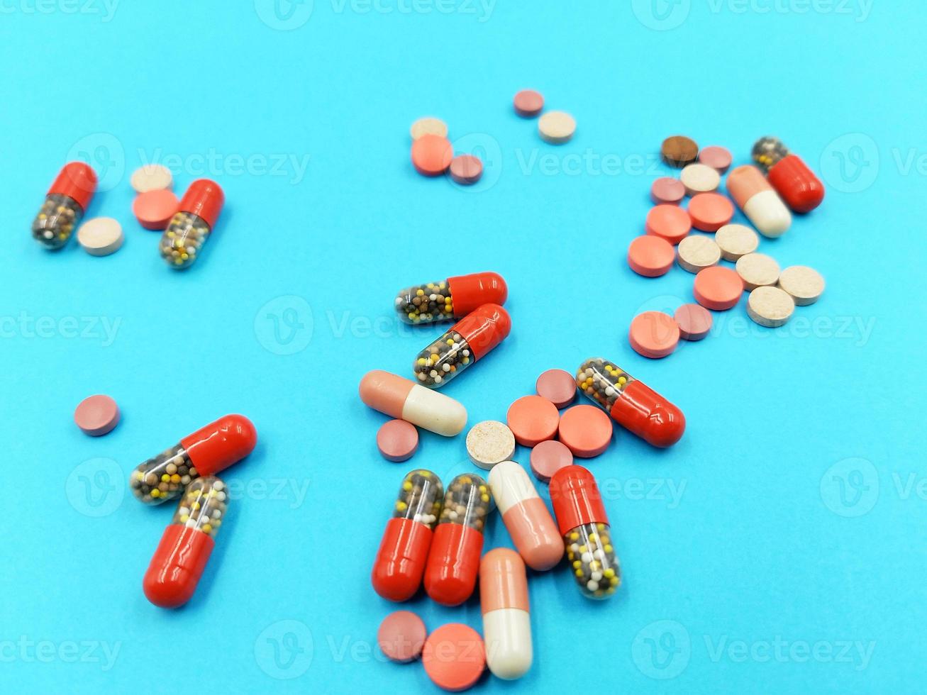 Assorted pharmaceutical medicine pills, tablets and capsules photo