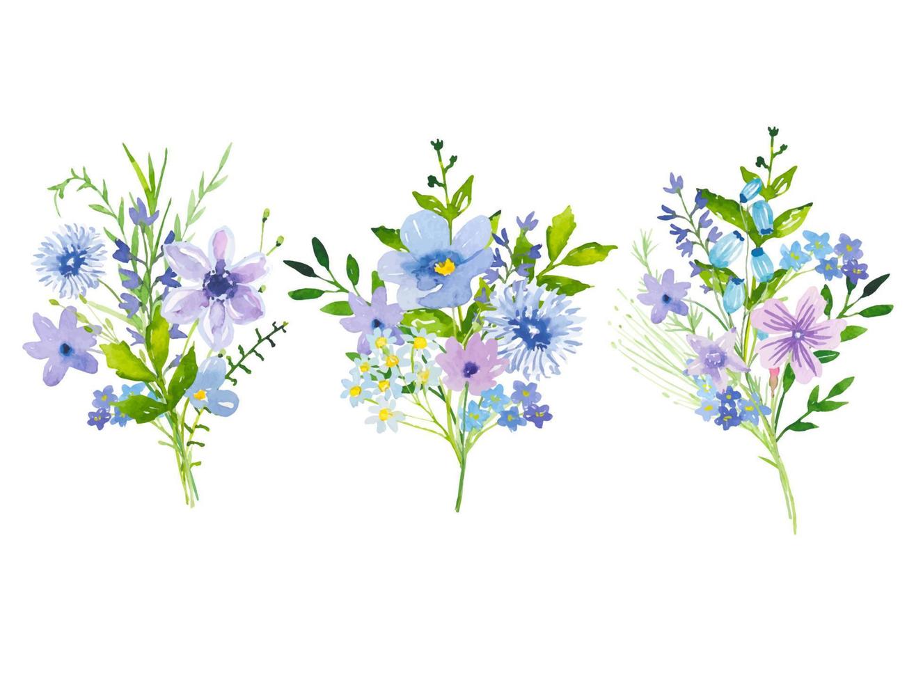Set of bouquets with meadow  blue and purple flowers and leaves. Watercolor vector