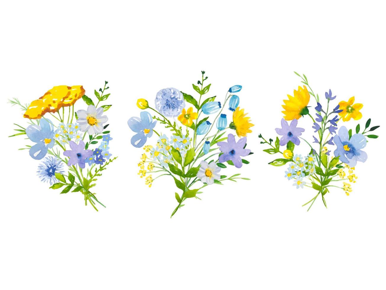 Set of bouquets with meadow yellow , blue flowers and leaves. Watercolor vector