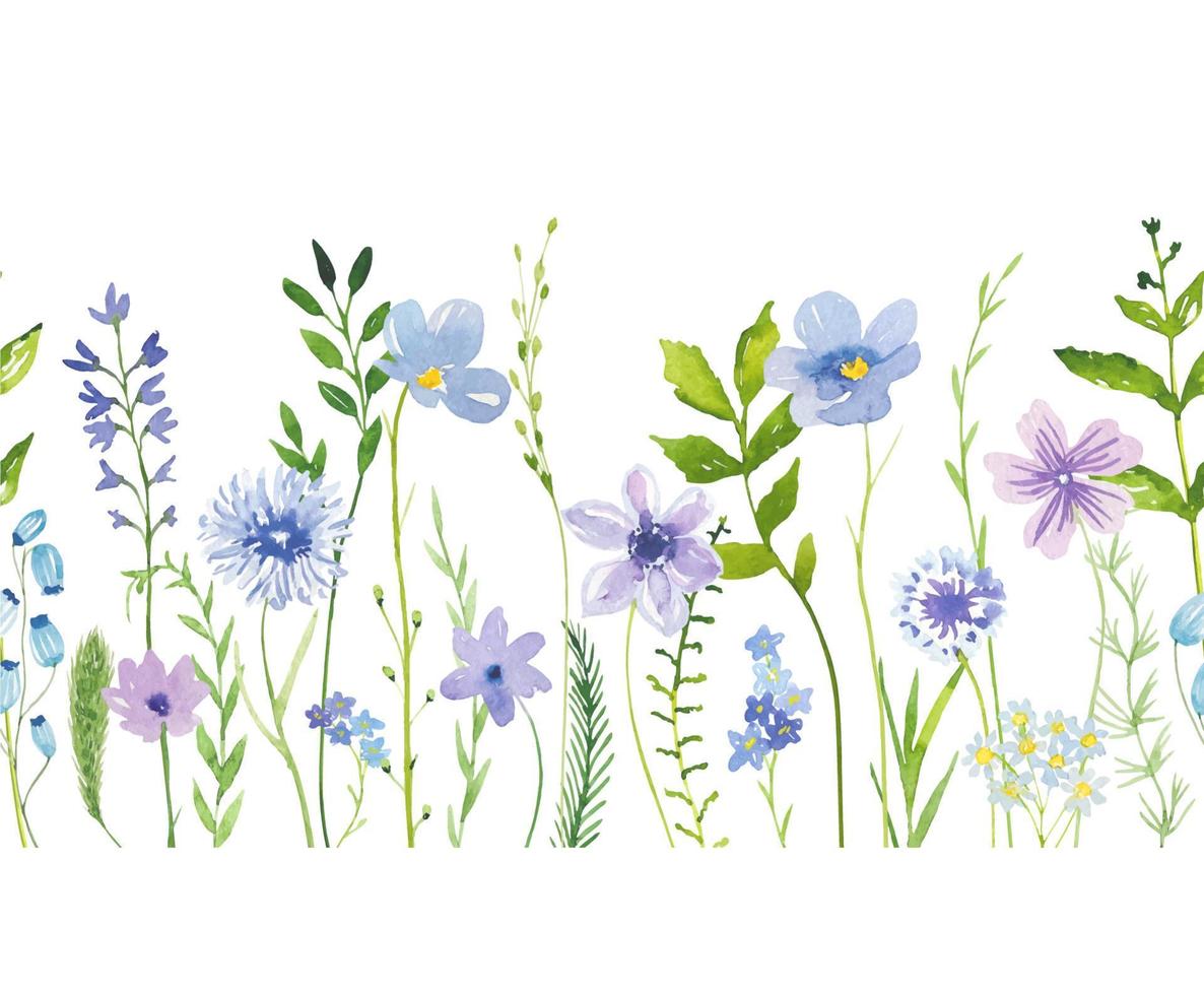 Seamless watercolor border with meadow purple and blue flowers vector