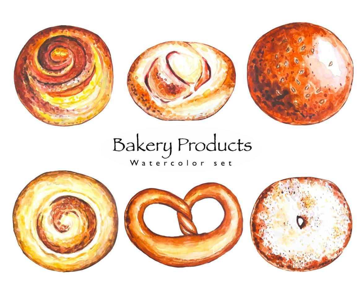 Set of various pastries, breads in watercolor vector