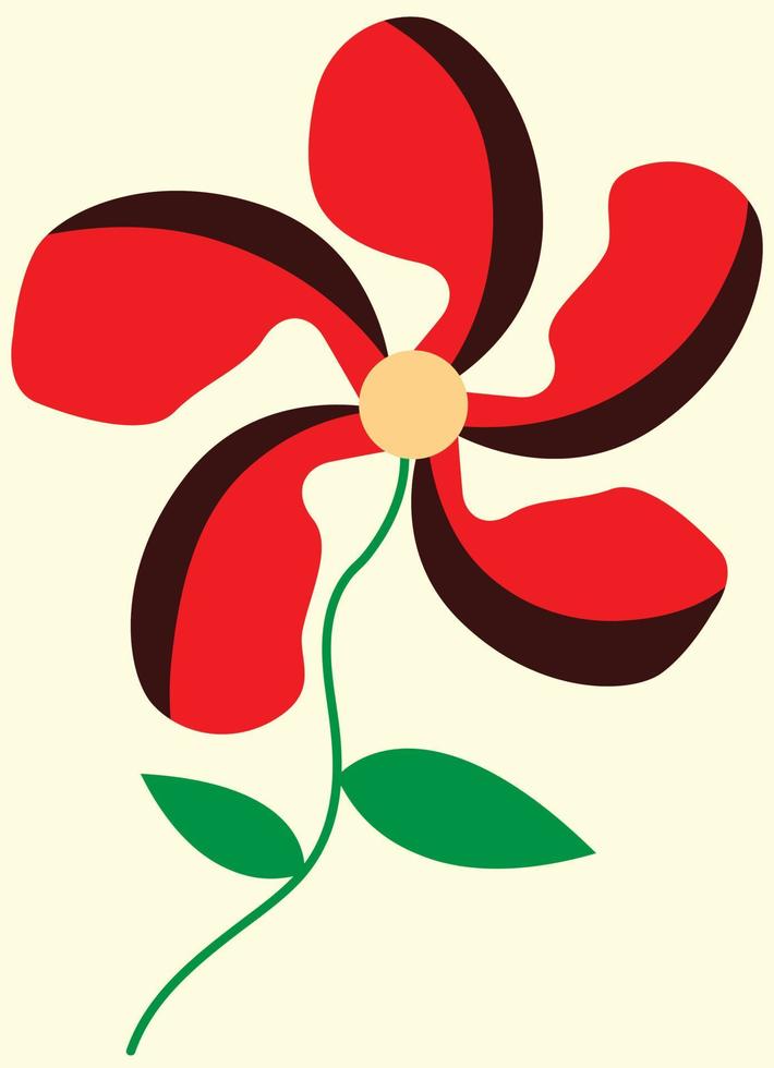 Red flower, flower with leaves, green leaf, red and green and yellow colors, flower vector illustration, suitable for spring and summer social media post and banner, minimal style drawing, flower icon