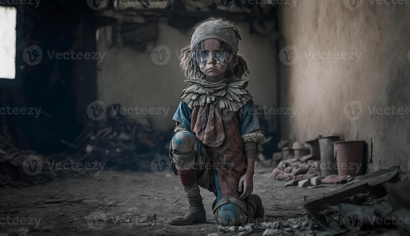 Vagabundo niños de guerra víctimas, pequeño niños con triste expresiones, generativo ai foto