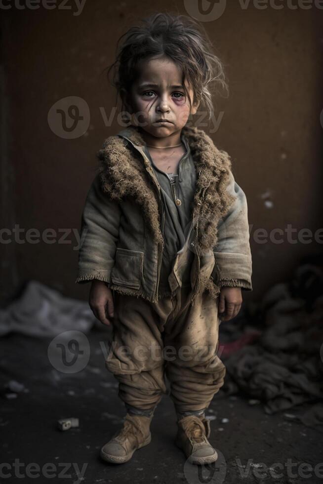 Vagabundo niños de guerra víctimas, pequeño niños con triste expresiones, generativo ai foto