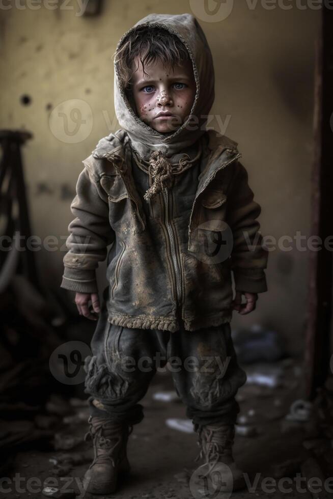 Vagabundo niños de guerra víctimas, pequeño niños con triste expresiones, generativo ai foto