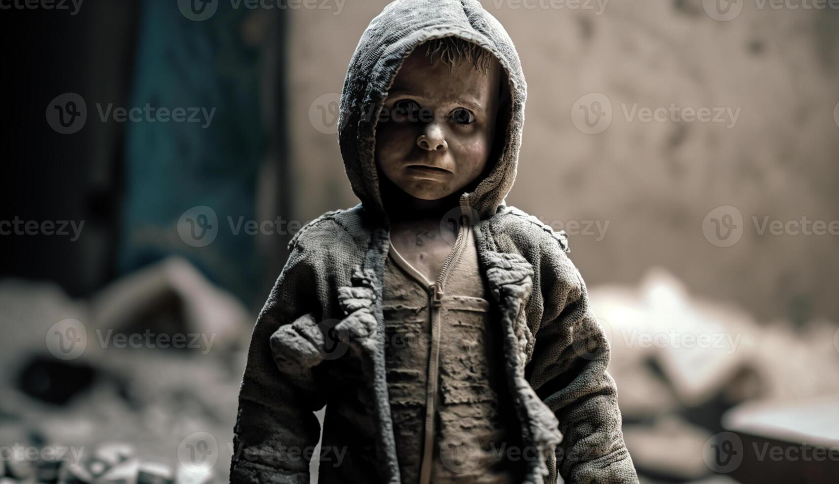 homeless children of war victims, small children with sad expressions, photo