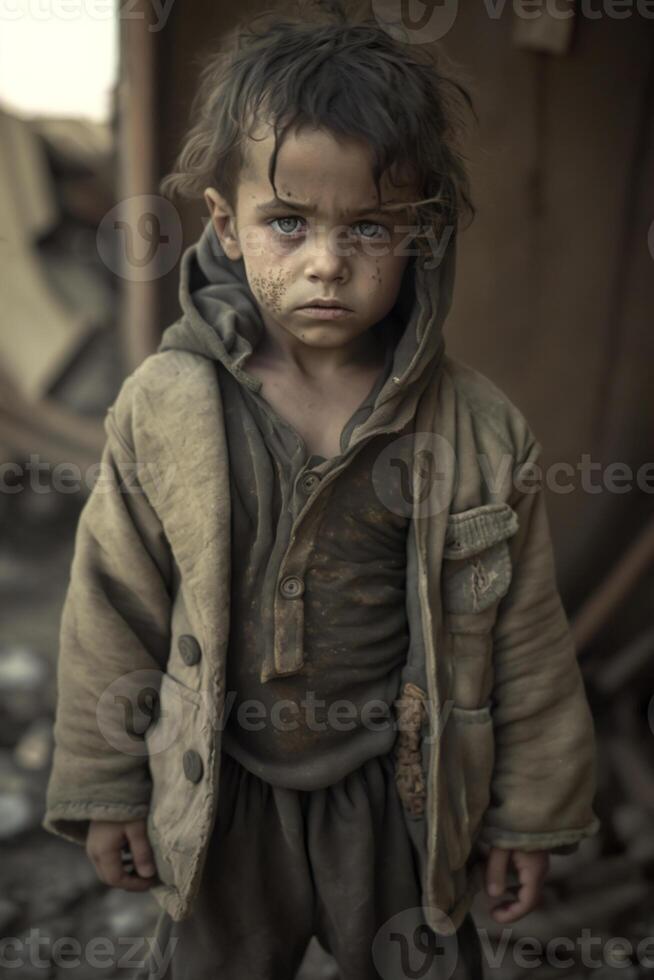 homeless children of war victims, small children with sad expressions, photo