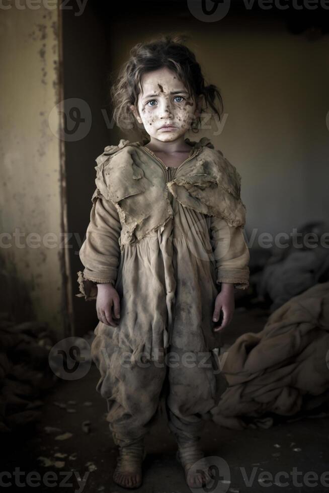 Vagabundo niños de guerra víctimas, pequeño niños con triste expresiones, generativo ai foto