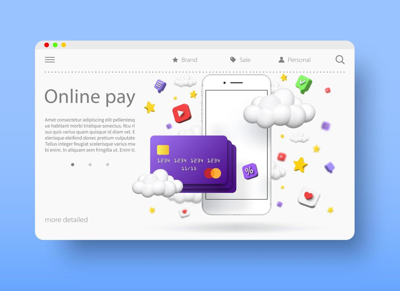 Online payments concept, vector 3d illustration. Purchasing application products and services over the Internet. Online banking.