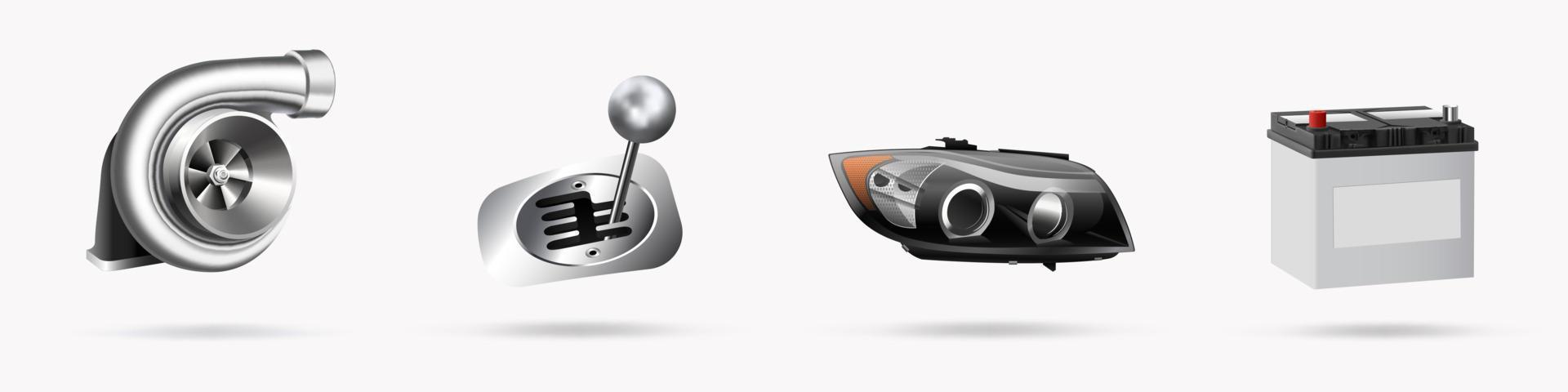 ilustración vectorial, conjunto de iconos de piezas de automóviles, 3d realista vector