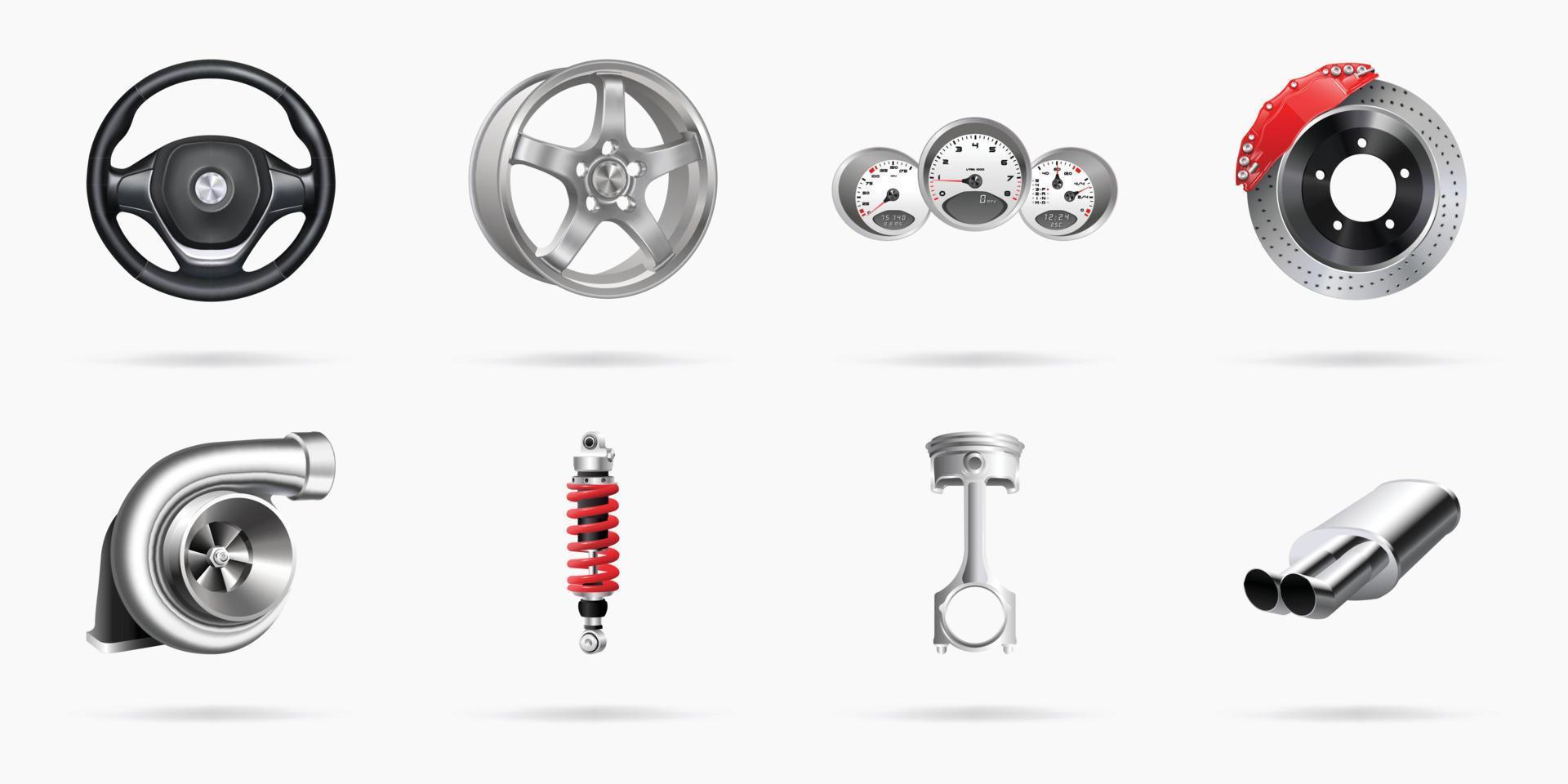 Vector illustration, car parts icons set, realistic 3d