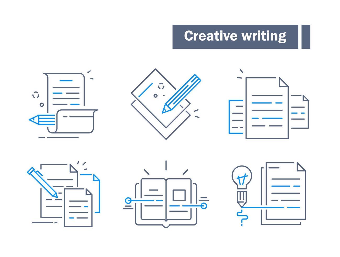 escritura creativa y narración de cuentos, concepto de educación, materia de aprendizaje, resumen de reseñas de libros, estudio escolar vector