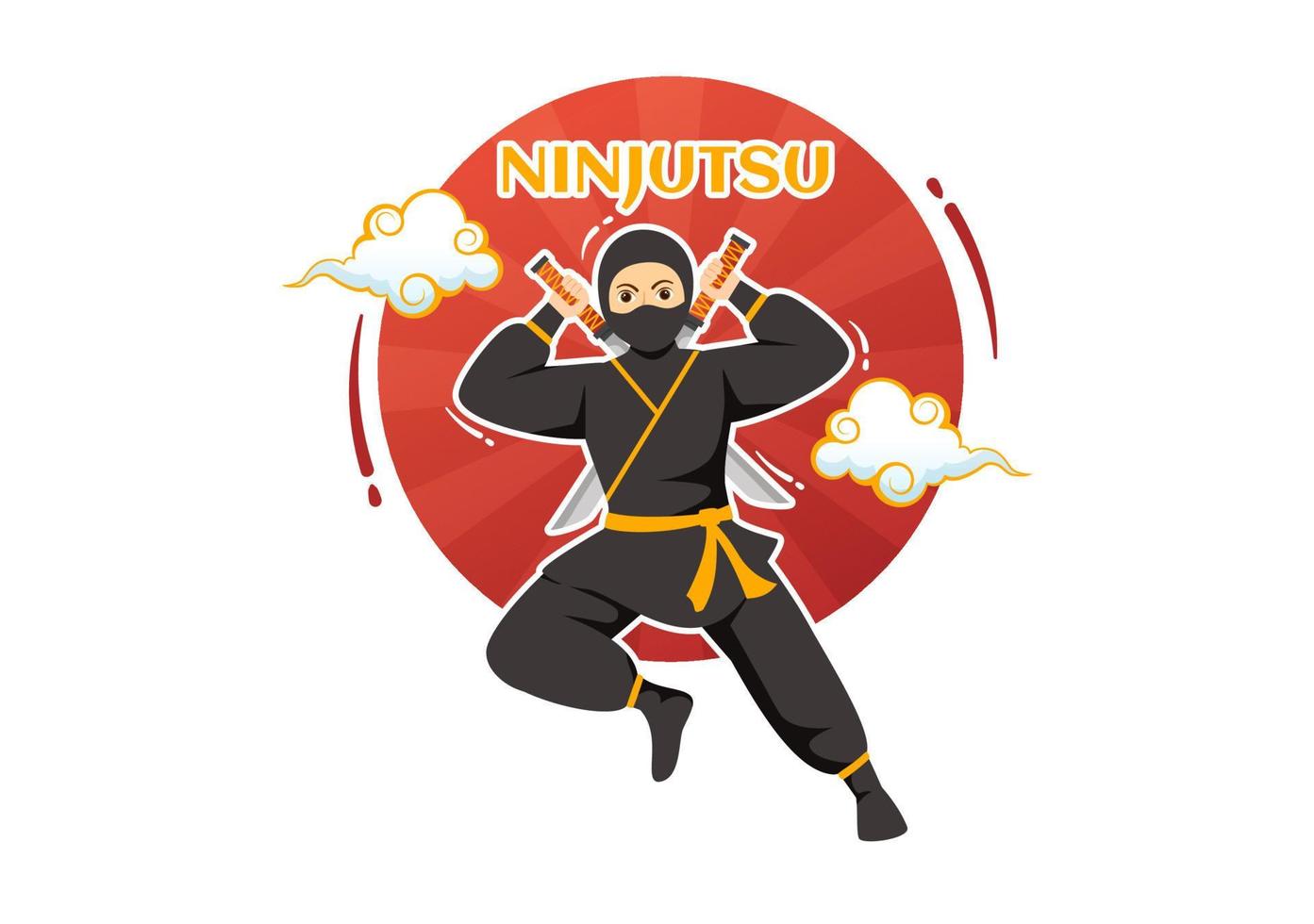 ninjutsu vector ilustración con personaje ninja shinobi desde Japón en plano dibujos animados estilo mano dibujado aterrizaje página antecedentes plantillas