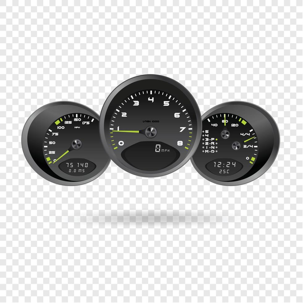 Vector illustration, dashboard car speedometer, steering wheel realistic 3d icon