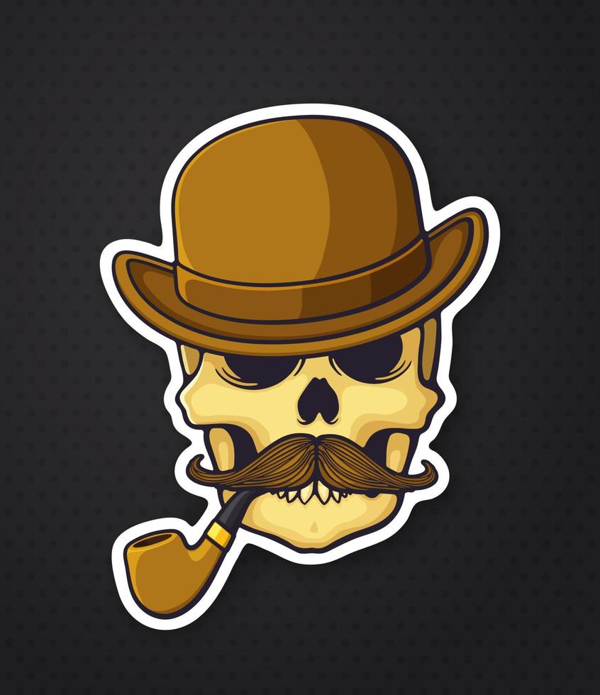 Sticker skull of a gentleman with a mustache and smoking pipe in bowler hat vector