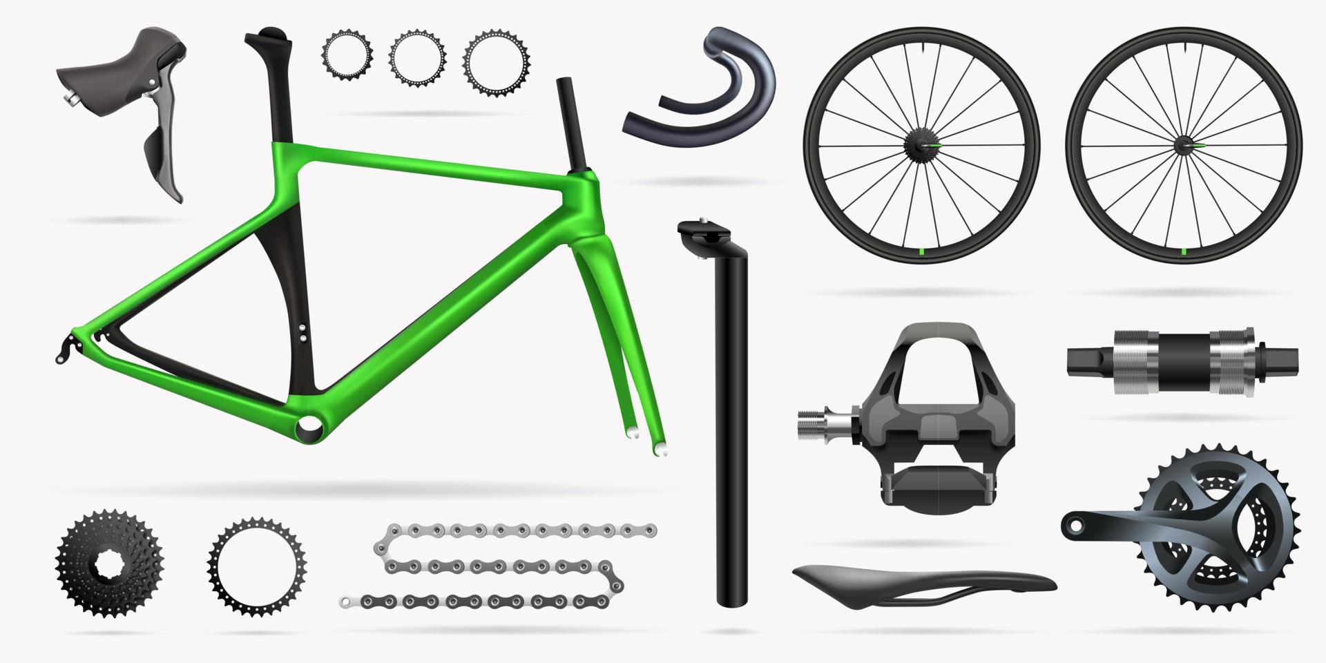 ilustración vectorial, conjunto de repuestos de componentes de bicicleta vector