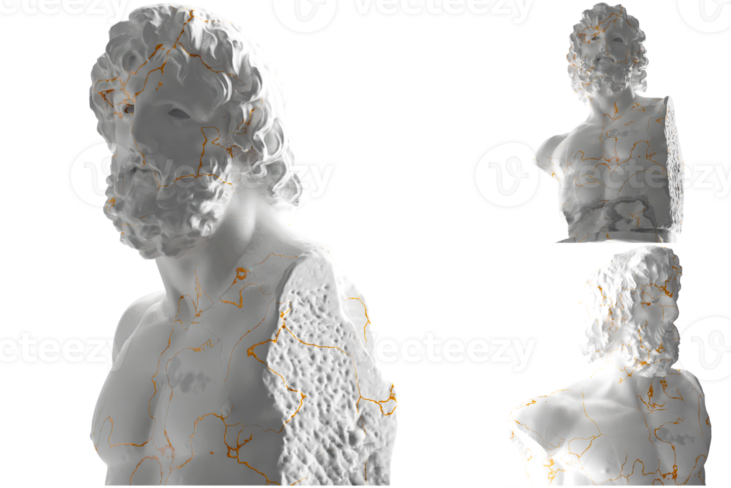 Renaissance inspired 3D render of Torso Asklepios statue gold and white marble. png