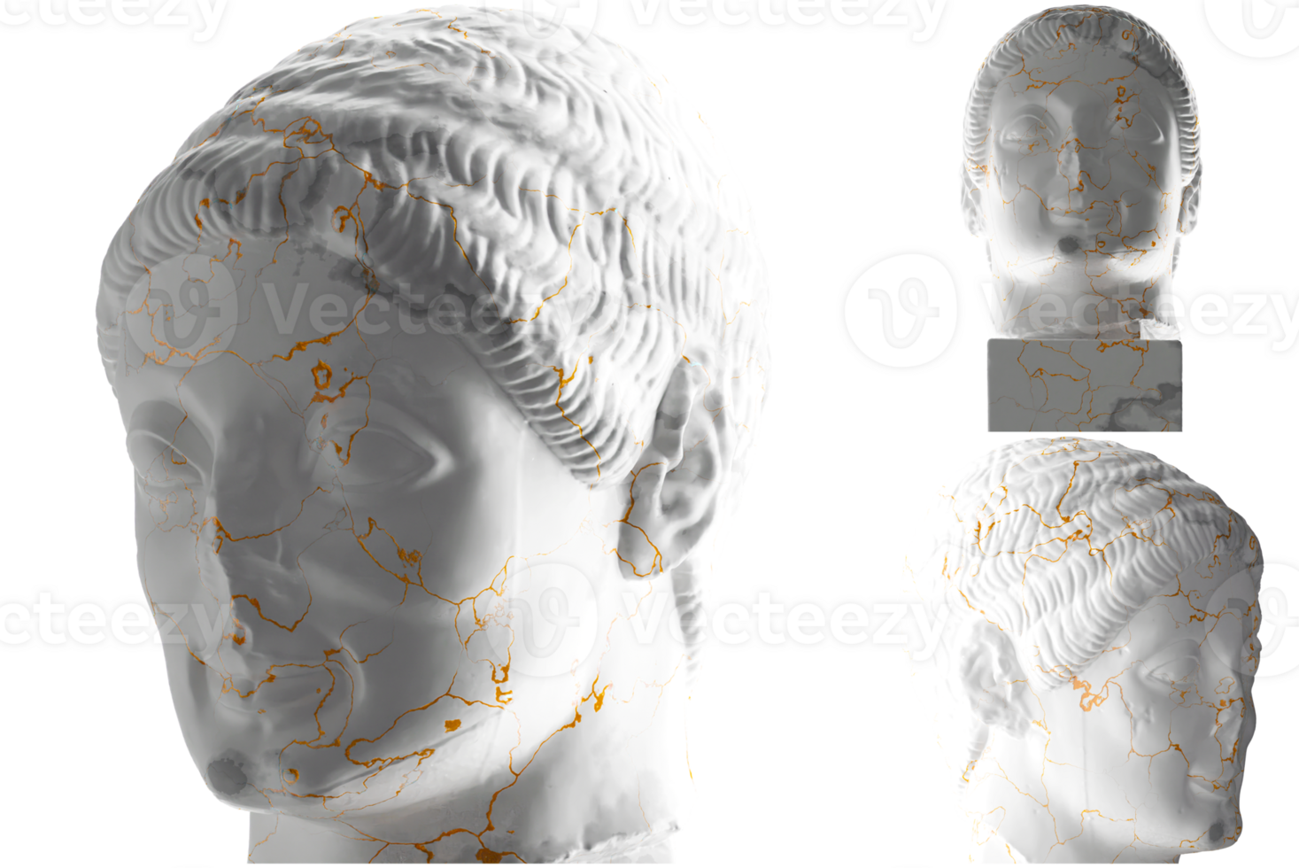 Elegant Rayet Head 3D render with white marble and gold material, for luxury branding and promotions png