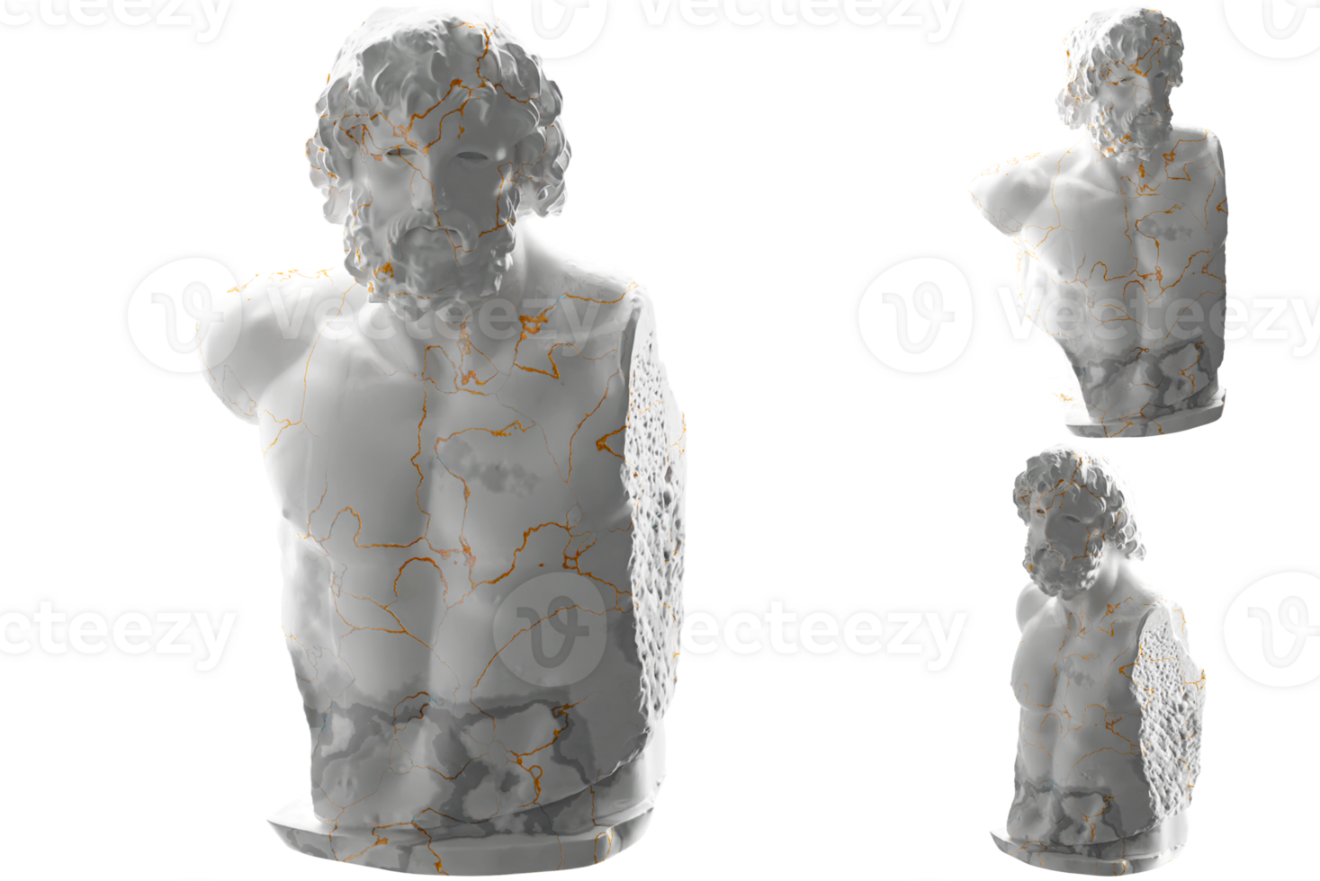Renaissance inspired 3D render of Torso Asklepios statue gold and white marble. png
