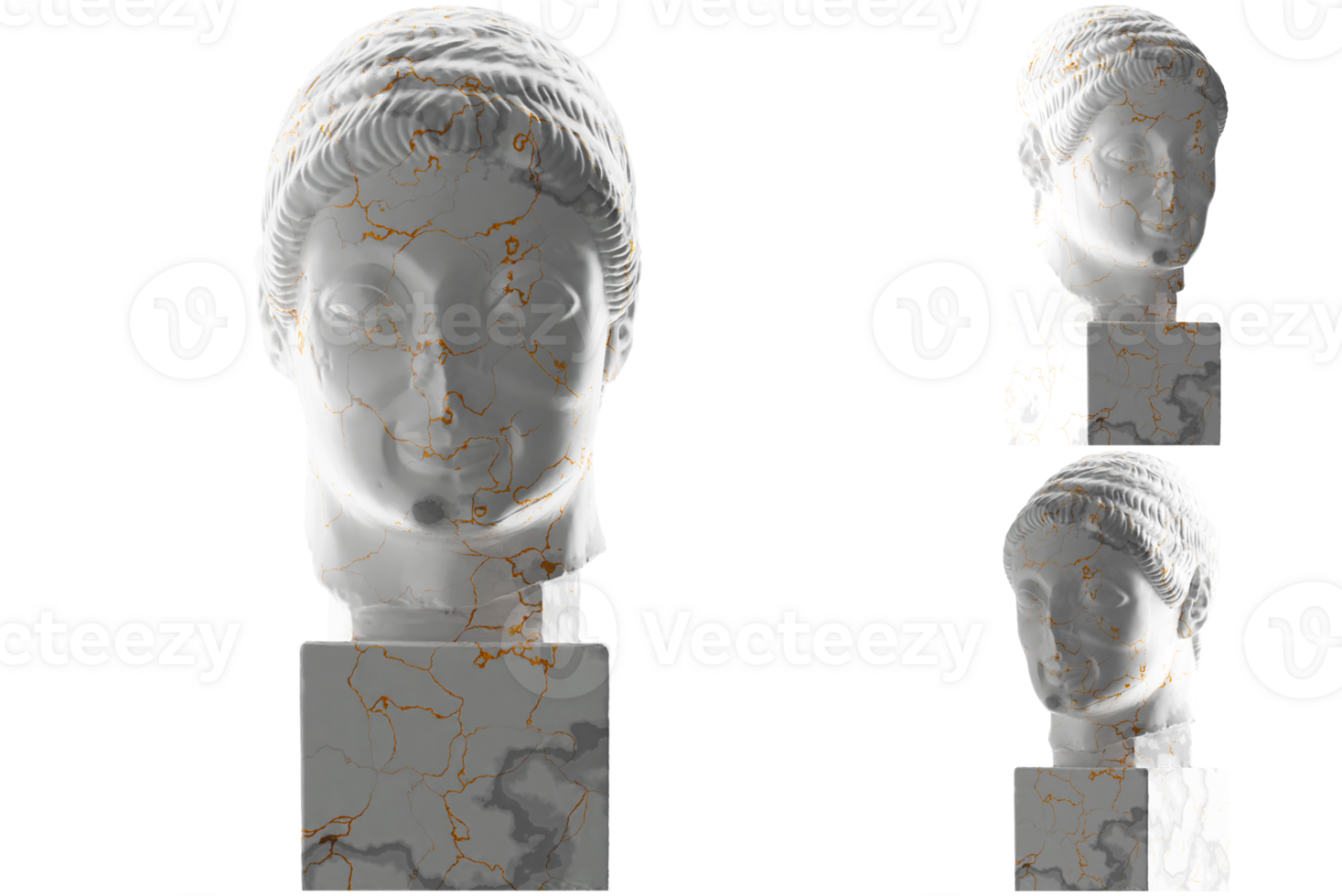 Elegant Rayet Head 3D render with white marble and gold material, for luxury branding and promotions png