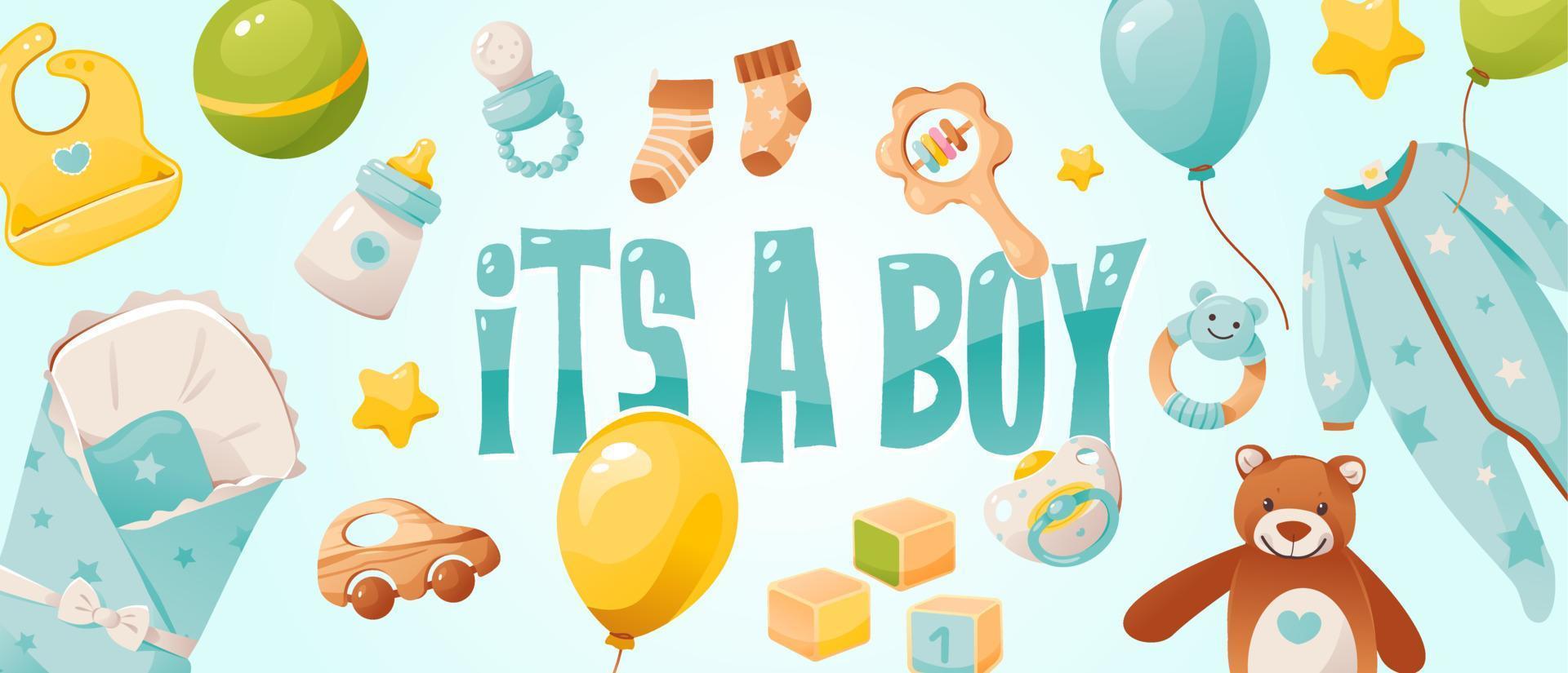 It's a boy. Baby boy shower banner or greeting card. Items for newborn baby care. Cartoon vector illustration.