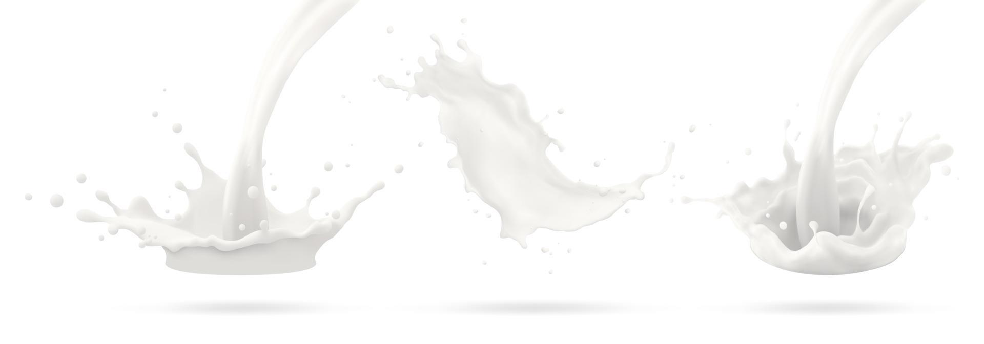 Milk jet, milky splash, vector realistic liquid white splash on isolated background. 3d illustration.
