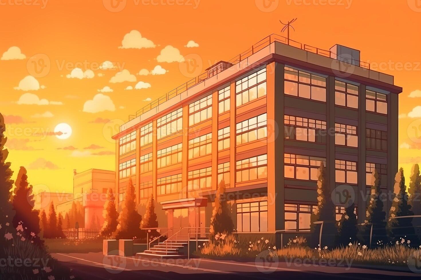 colegio edificio en un puesta de sol sin personas en anime estilo. generado ai. foto