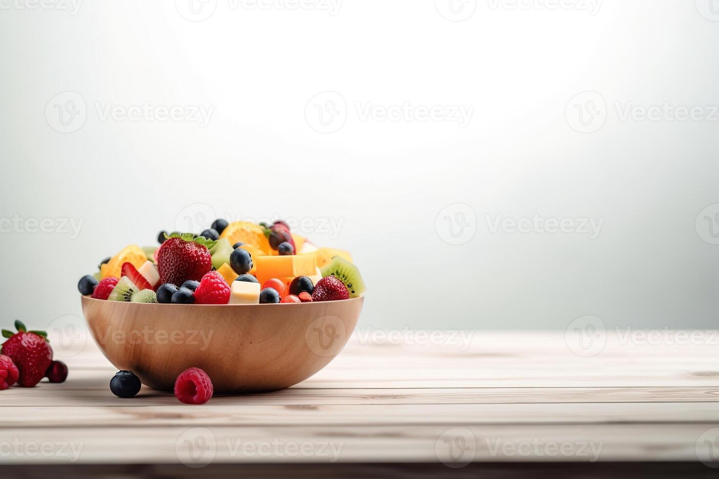 de madera cuenco con Fruta ensalada en un blanco antecedentes. generado ai. foto