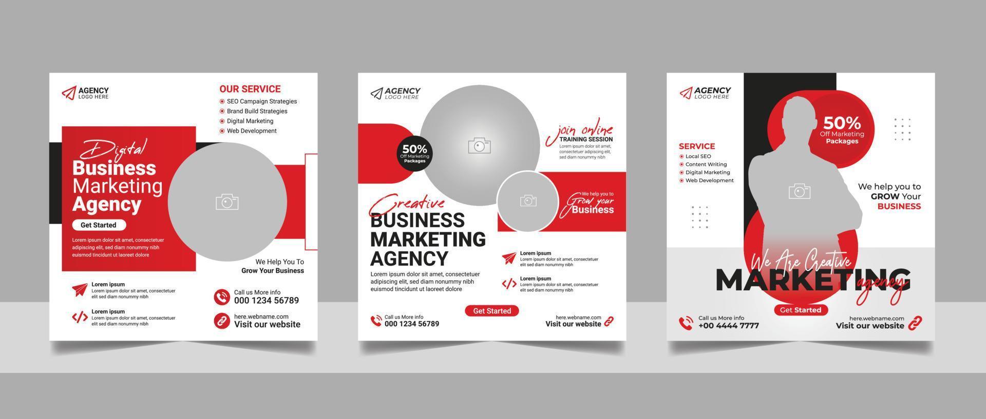 Digital Marketing Agency Social Media Post Set, Corporate Business Promotion Square Flyer Web Banner Template. vector