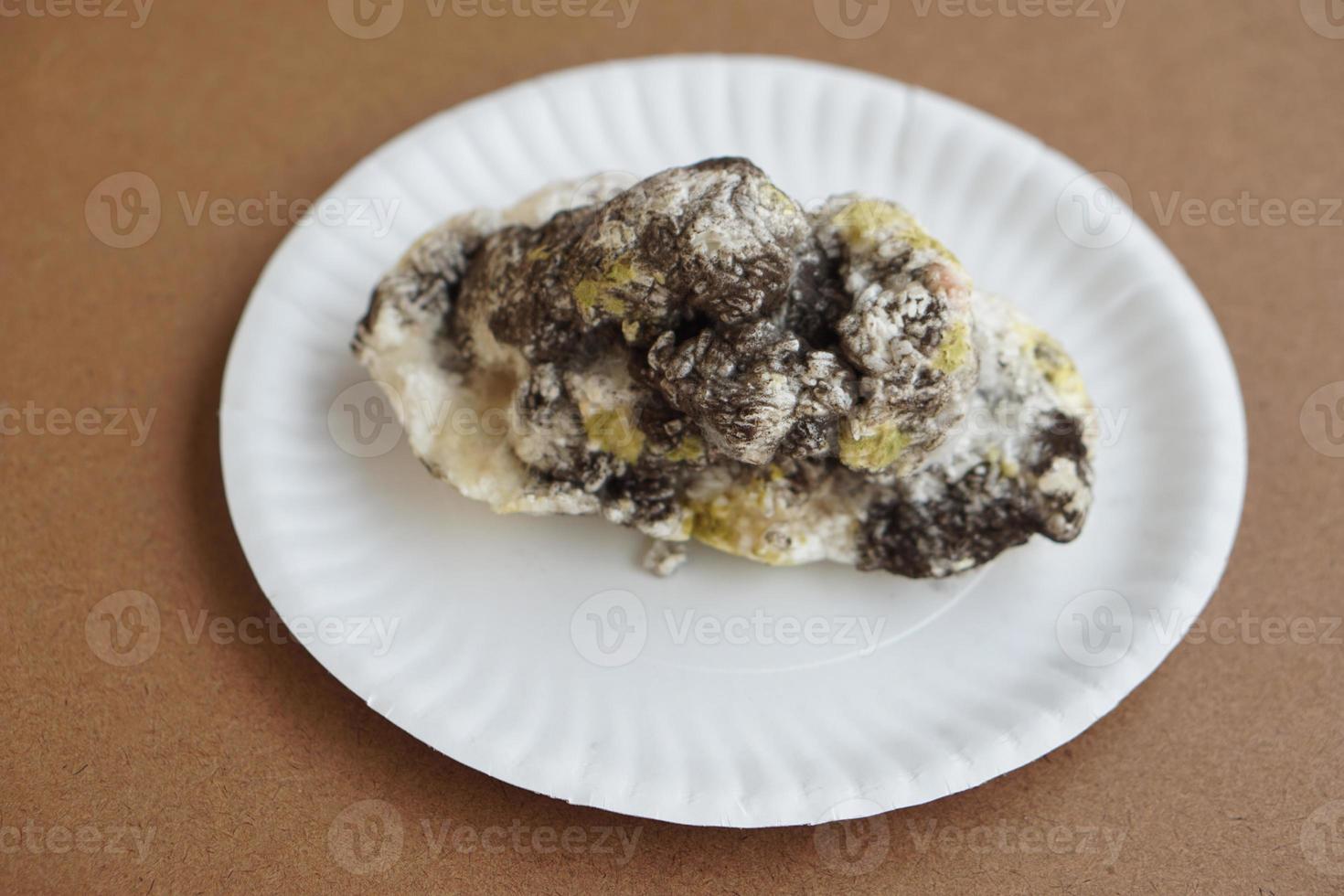 White plate of spoiled sticky rice. Moldy food. Rotten and bad smell