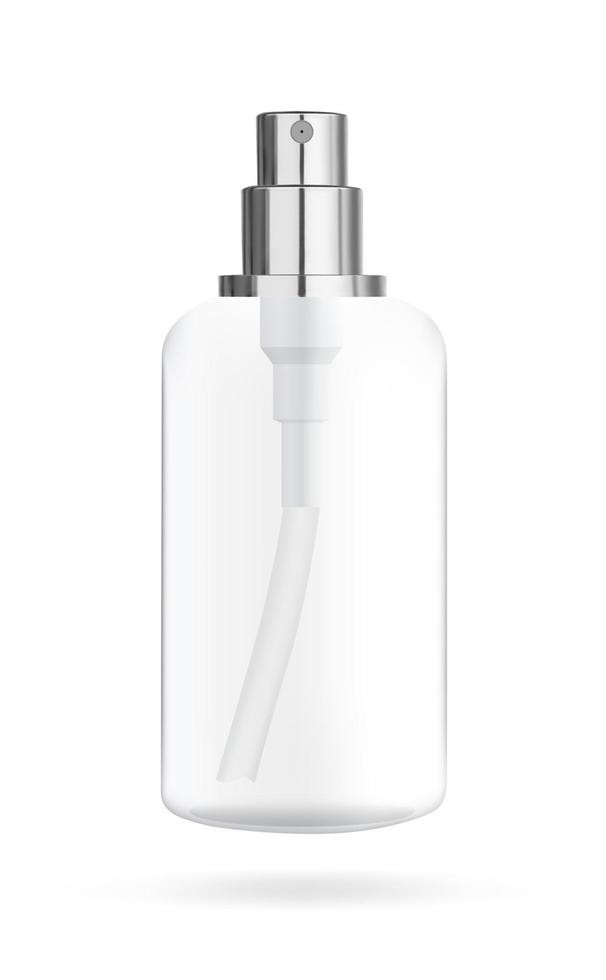 Cosmetic bottle with dispenser spray for liquid and cosmetics. Packaging layout for liquids. Vector 3d illustration.